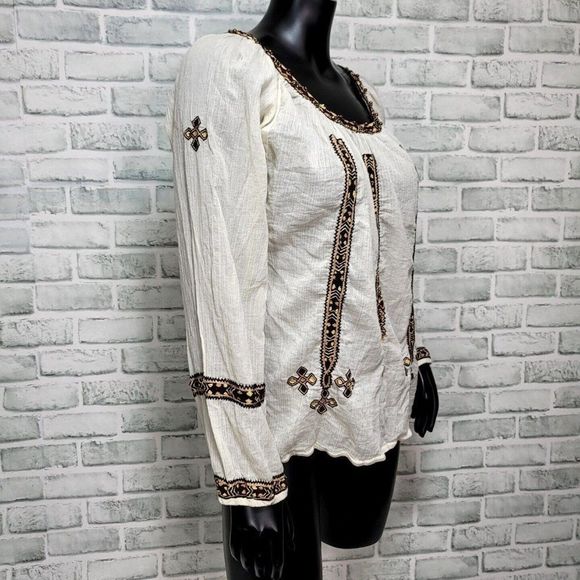 Joie Womens L Off White Gauzy Cotton Embroidered Boho Flowy‎ Top Long Sleeve - Picture 6 of 8